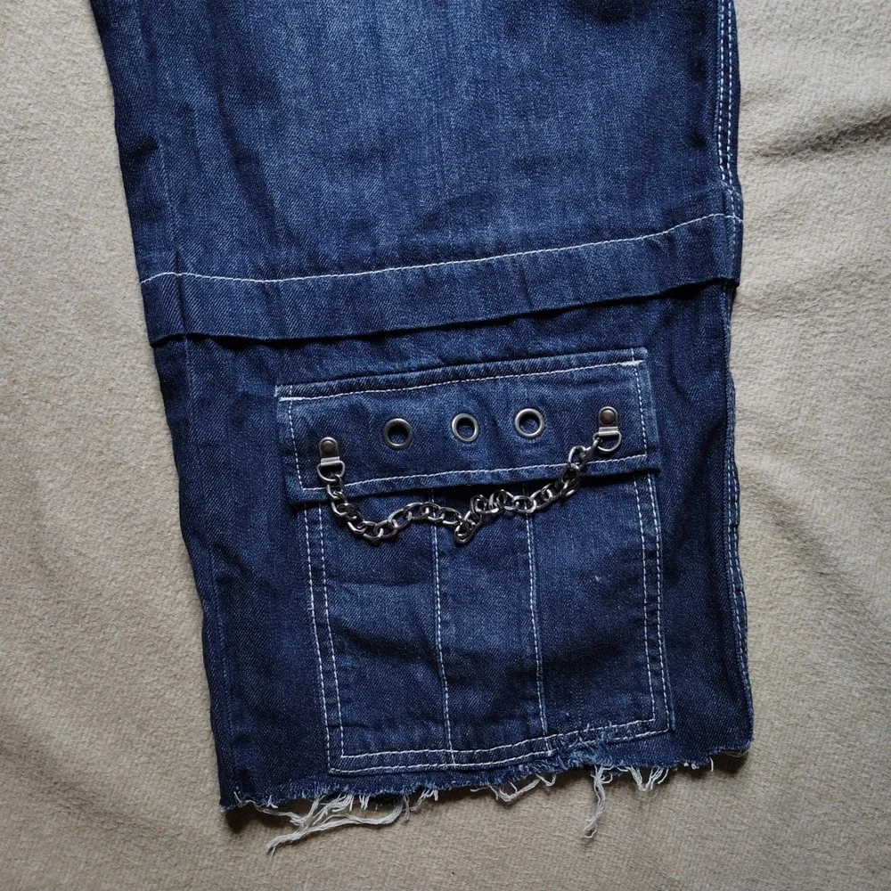 Hot Topic Denim Cutoff Jeans Straps Baggy Cargo Y2K Emo Goth Grunge Dark Blue 19